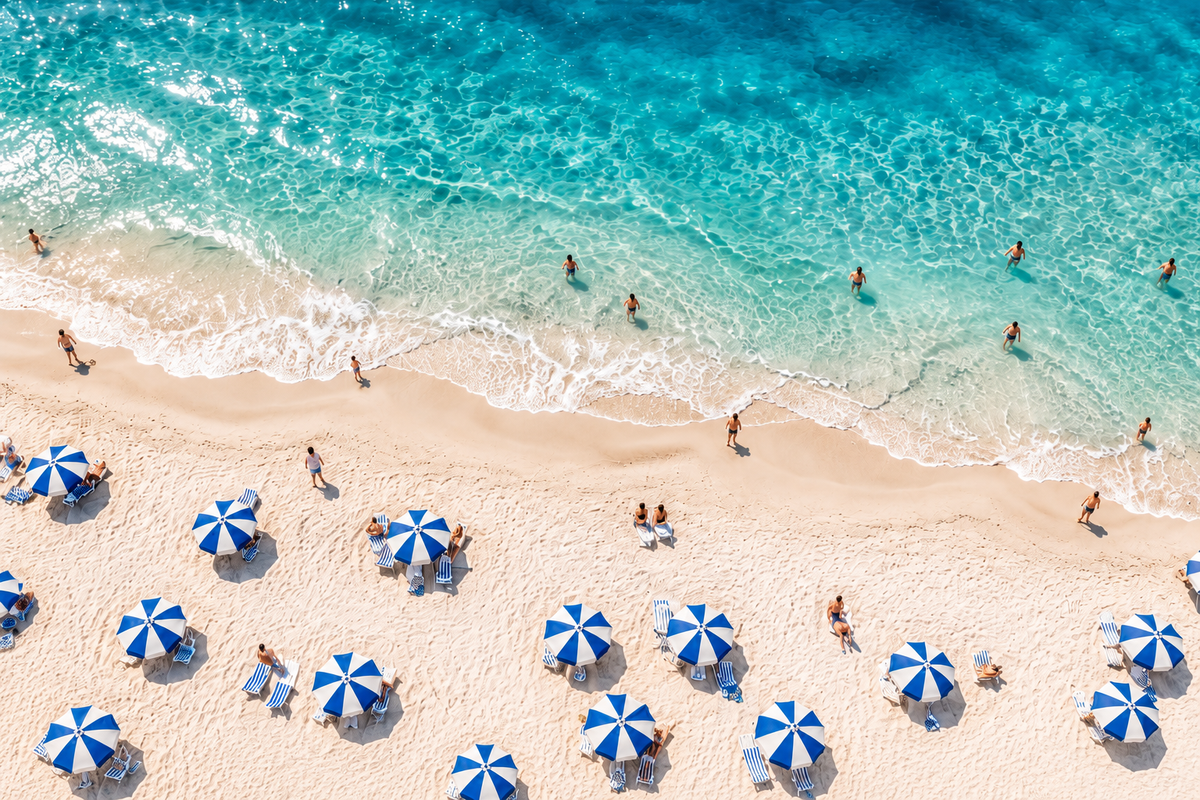 Blue and White Beach Umbrellas Coastal Wall Art