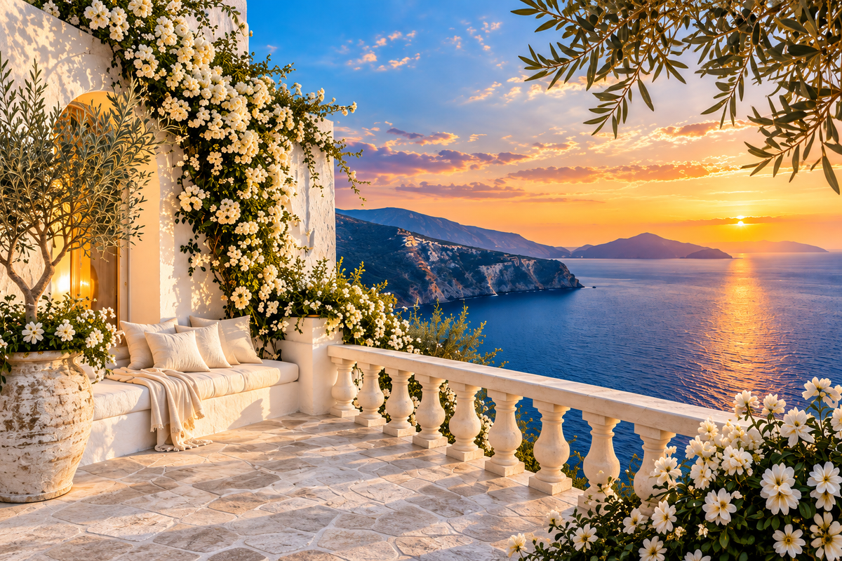 Mediterranean Terrace at Sunset Acrylic Wall Art