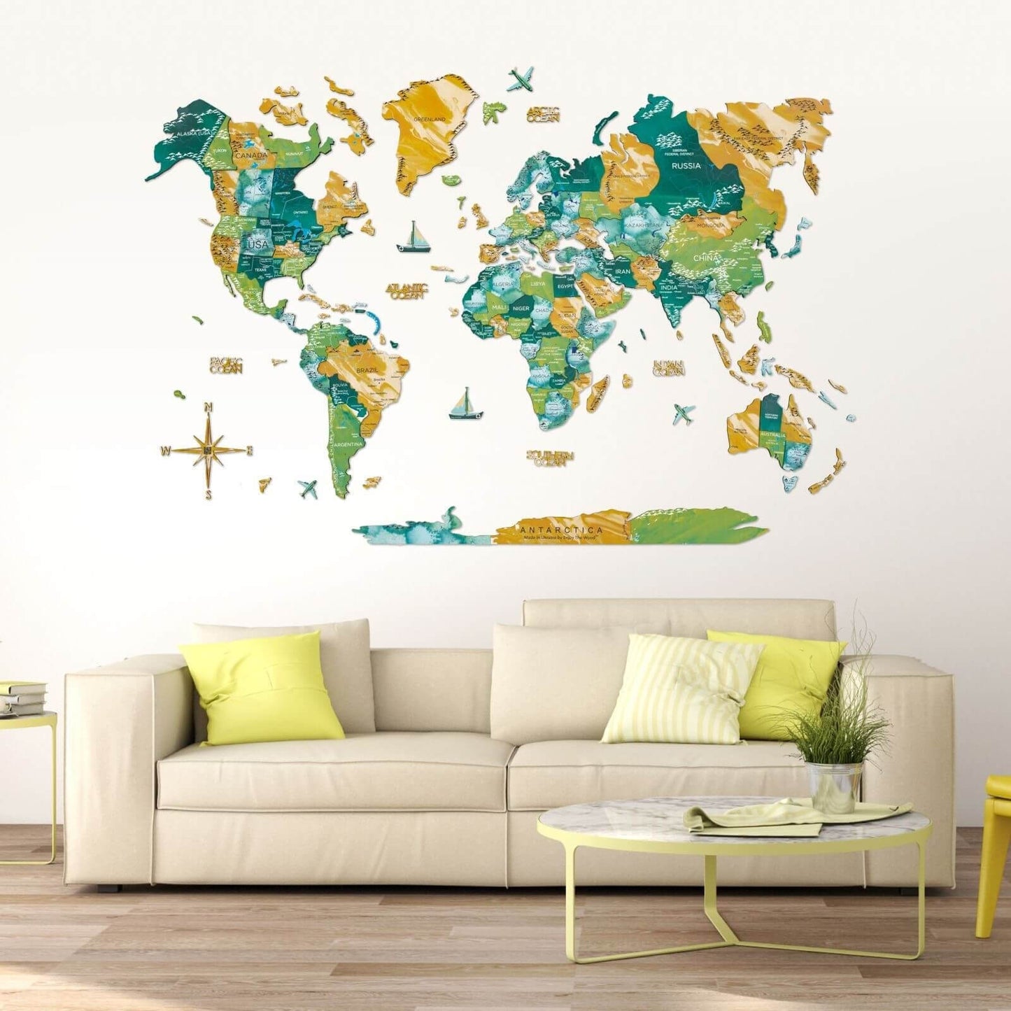 3D Wooden World Map Surface