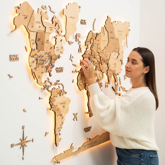 3D LED Wooden World Map 3.0 Gold