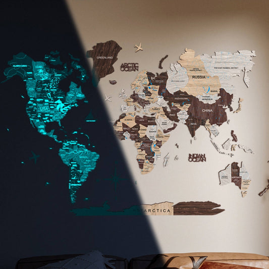 3D Luminous Colored Wooden World Map Cappuccino