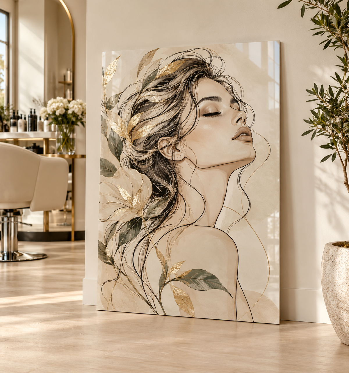 FEMENINE PORTRAIT WITH GOLD ACCENTS ACRYLIC WALL ART
