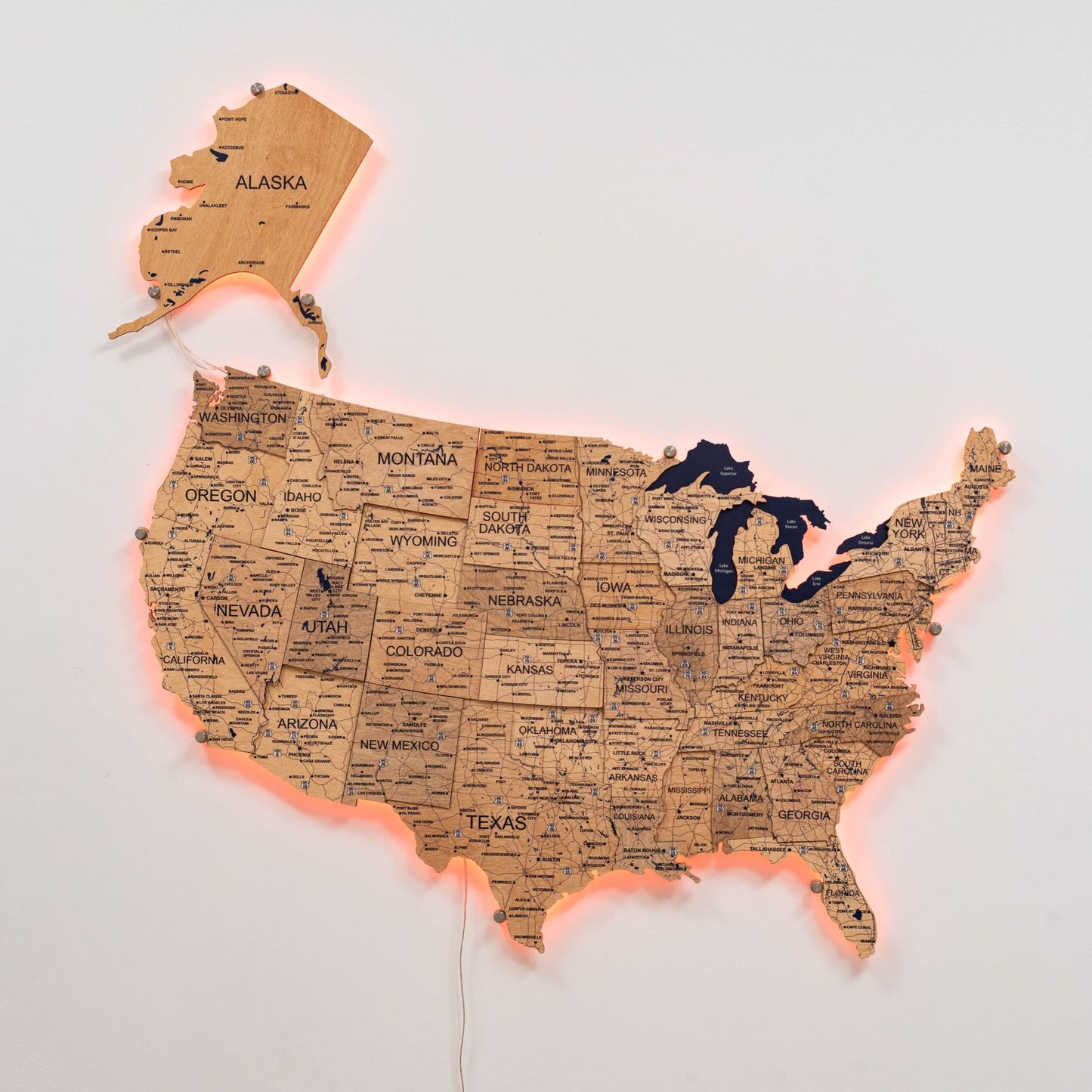Wooden 3d LED Map of USA  - Gold