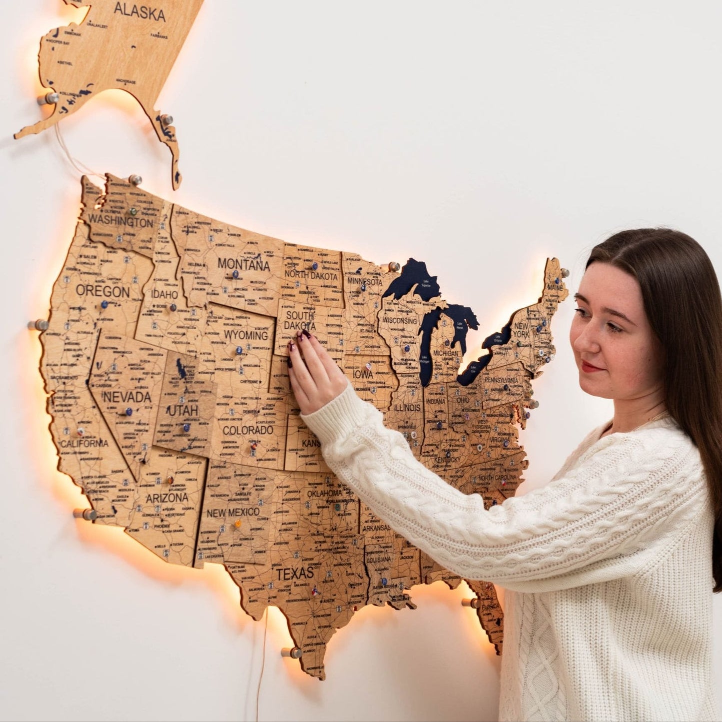 Wooden 3d LED Map of USA  - Gold