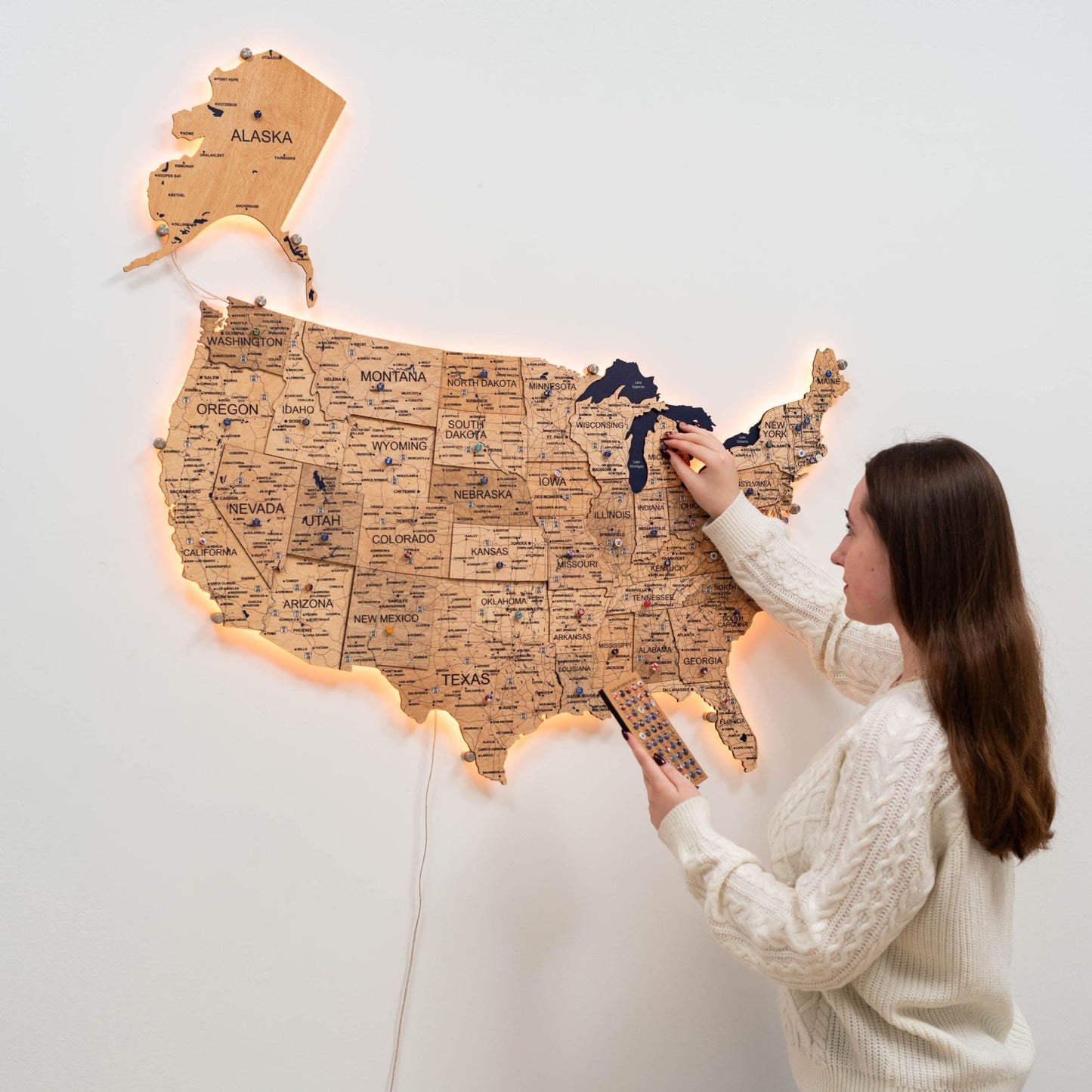 Wooden 3d LED Map of USA  - Gold