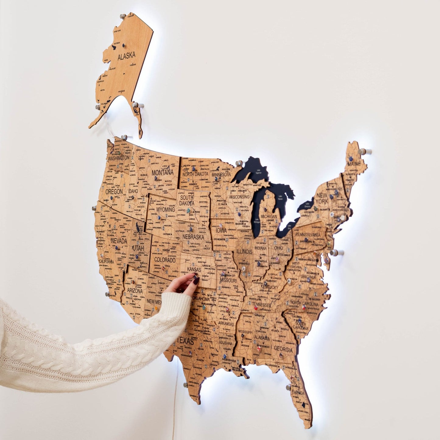 Wooden 3d LED Map of USA  - Gold