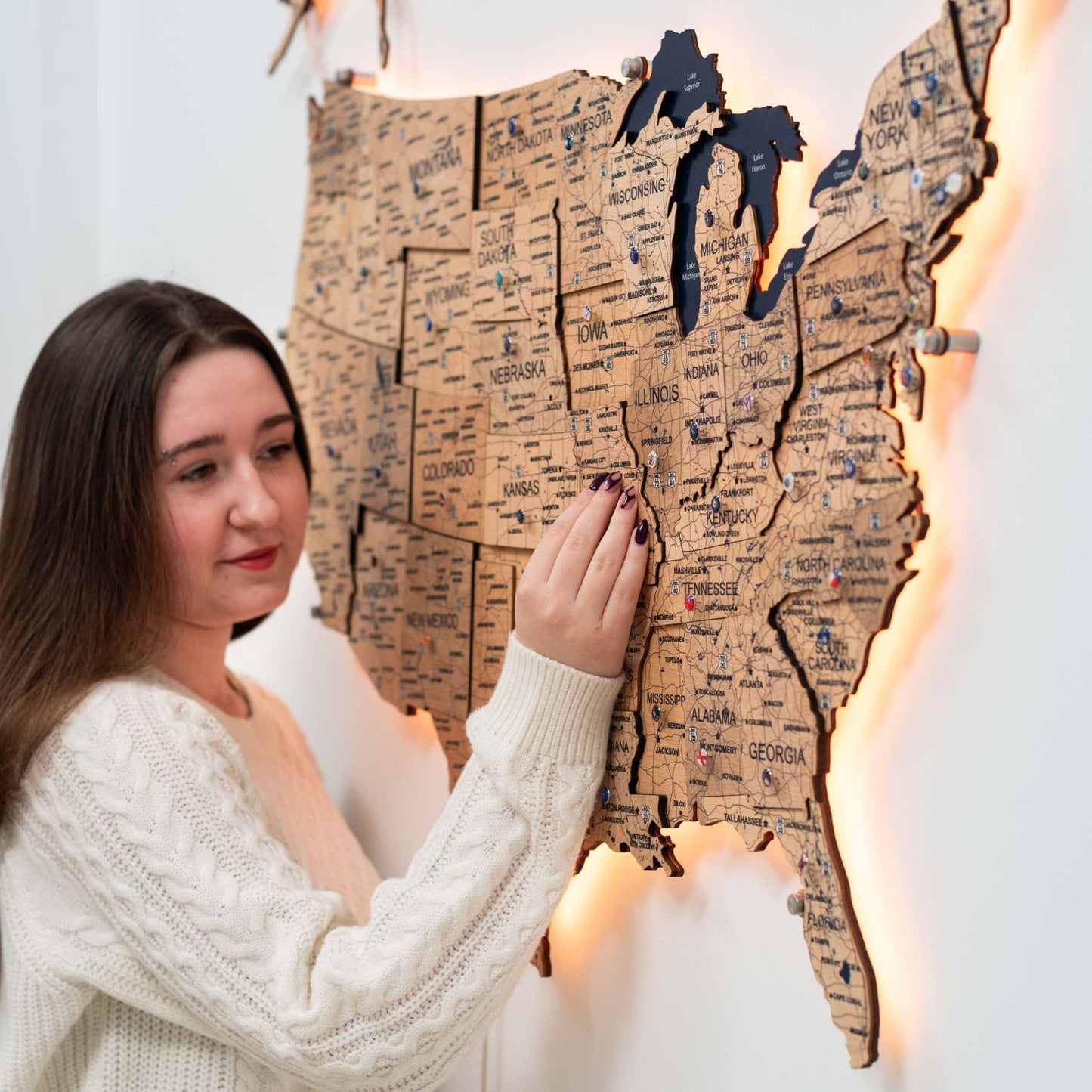 Wooden 3d LED Map of USA  - Gold
