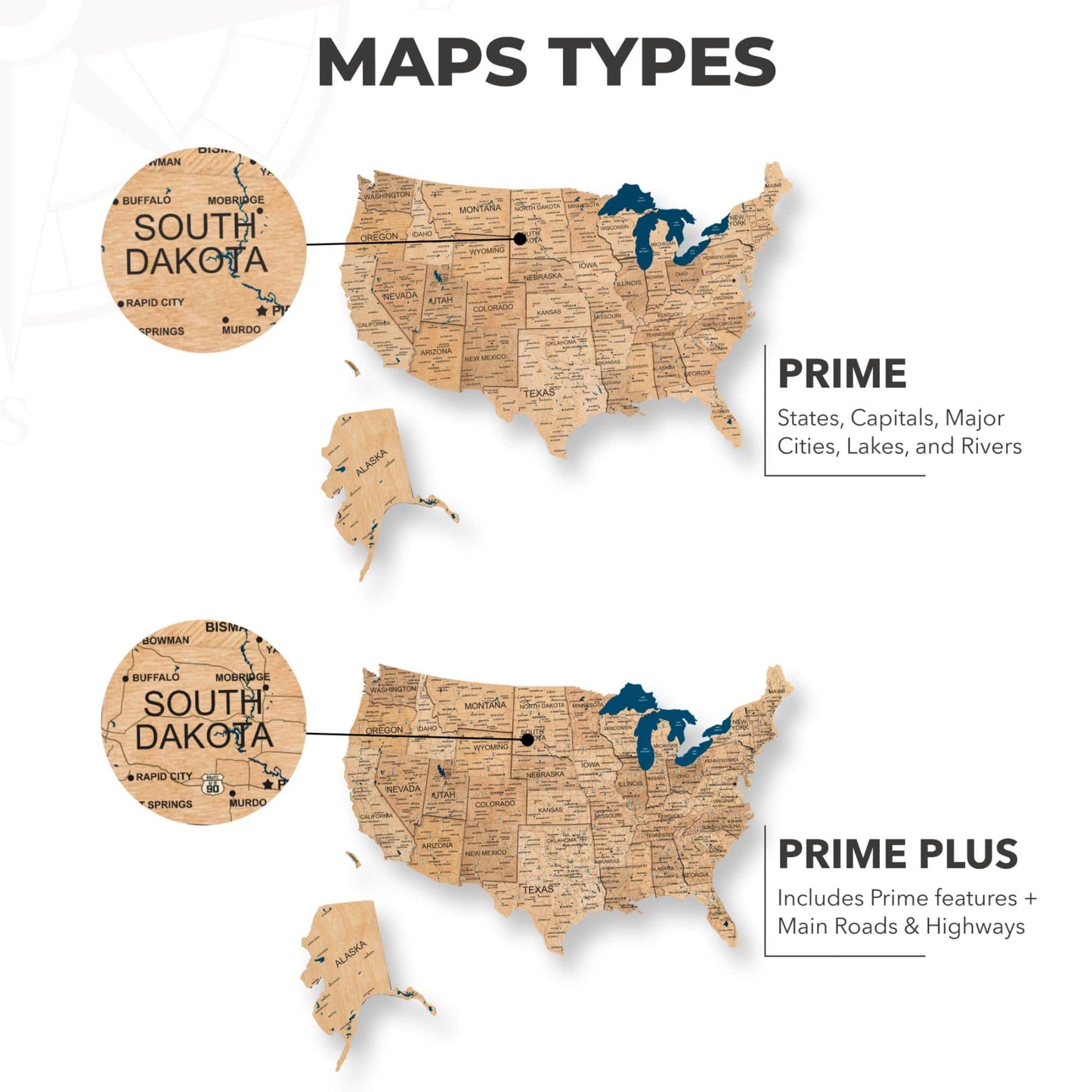 Wooden 3d LED Map of USA  - Gold