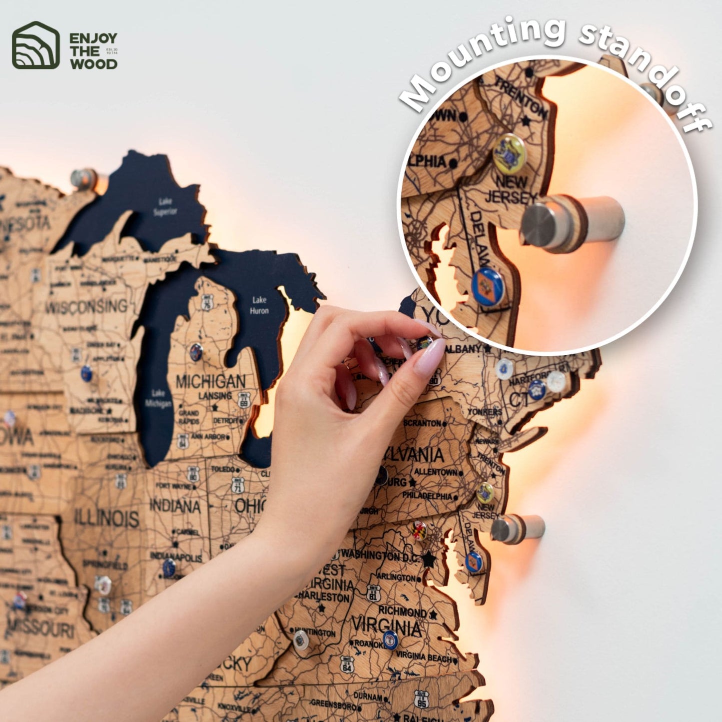 Wooden 3d LED Map of USA  - Gold