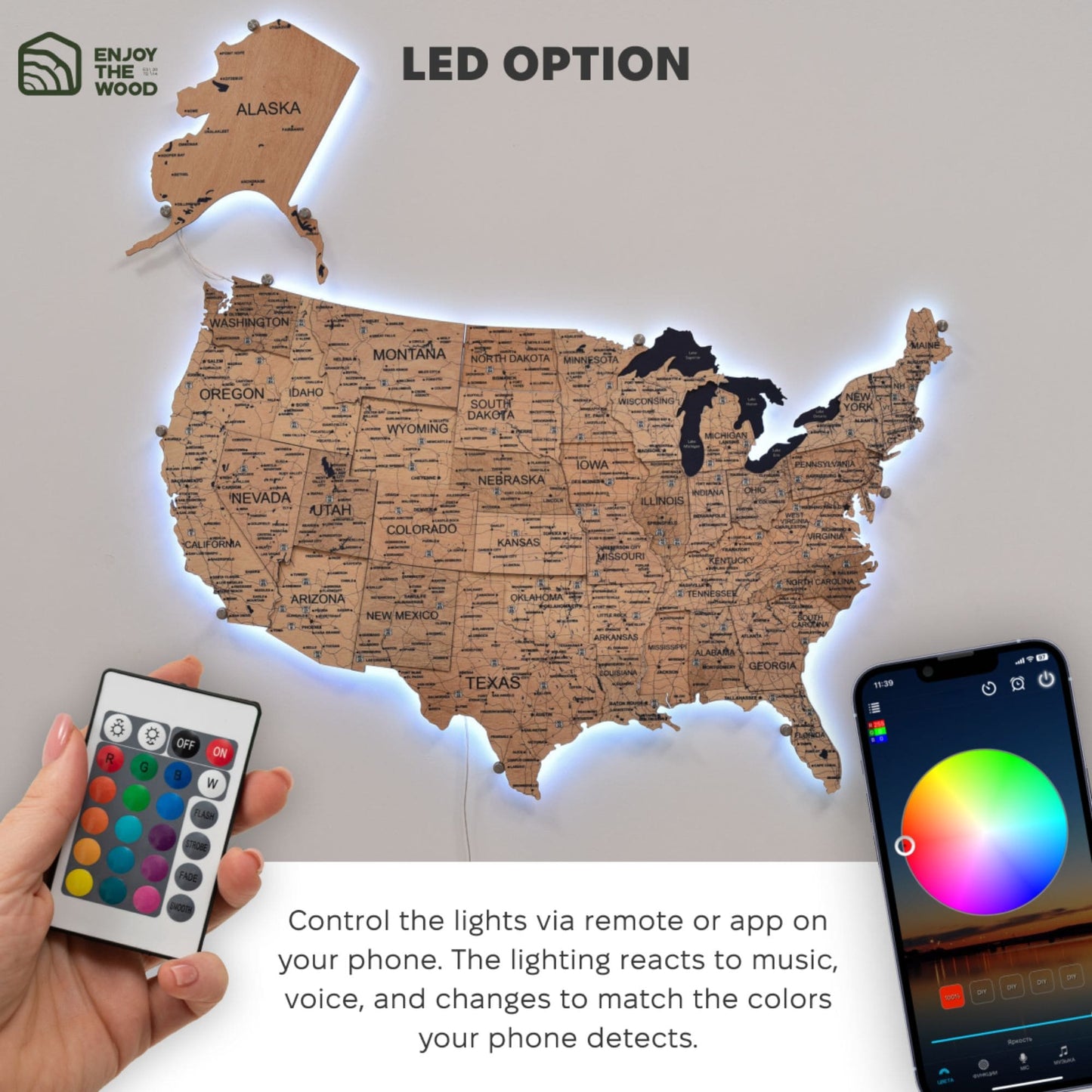 Wooden 3d LED Map of USA  - Gold