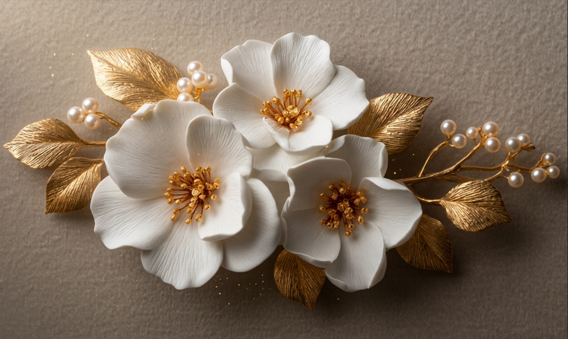WHITE BLOSSOMS GOLD LEAVE ACRYLIC WALL ART