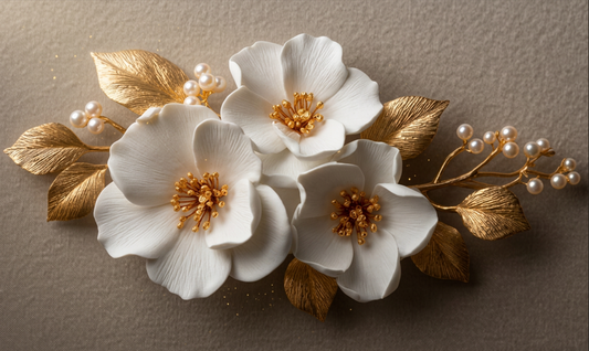 WHITE BLOSSOMS GOLD LEAVE ACRYLIC WALL ART