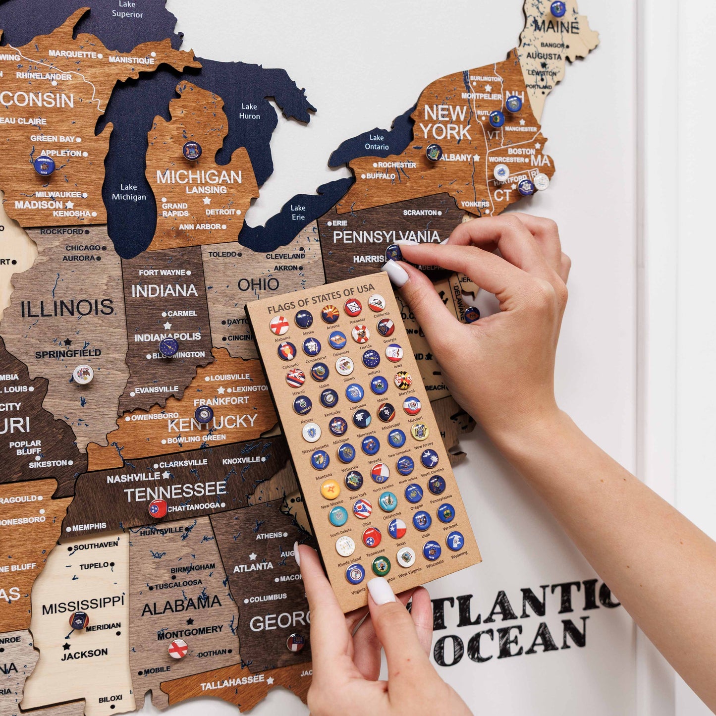 3D Wooden USA Map on Board Multicolor