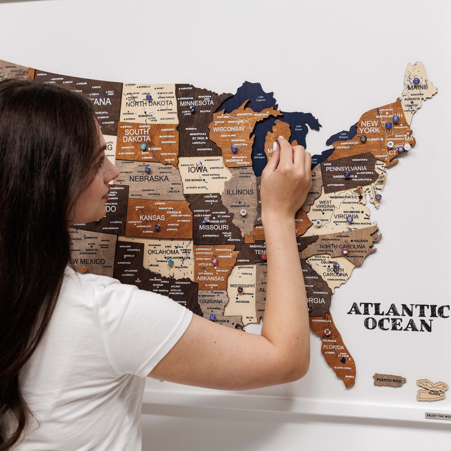 3D Wooden USA Map on Board Multicolor