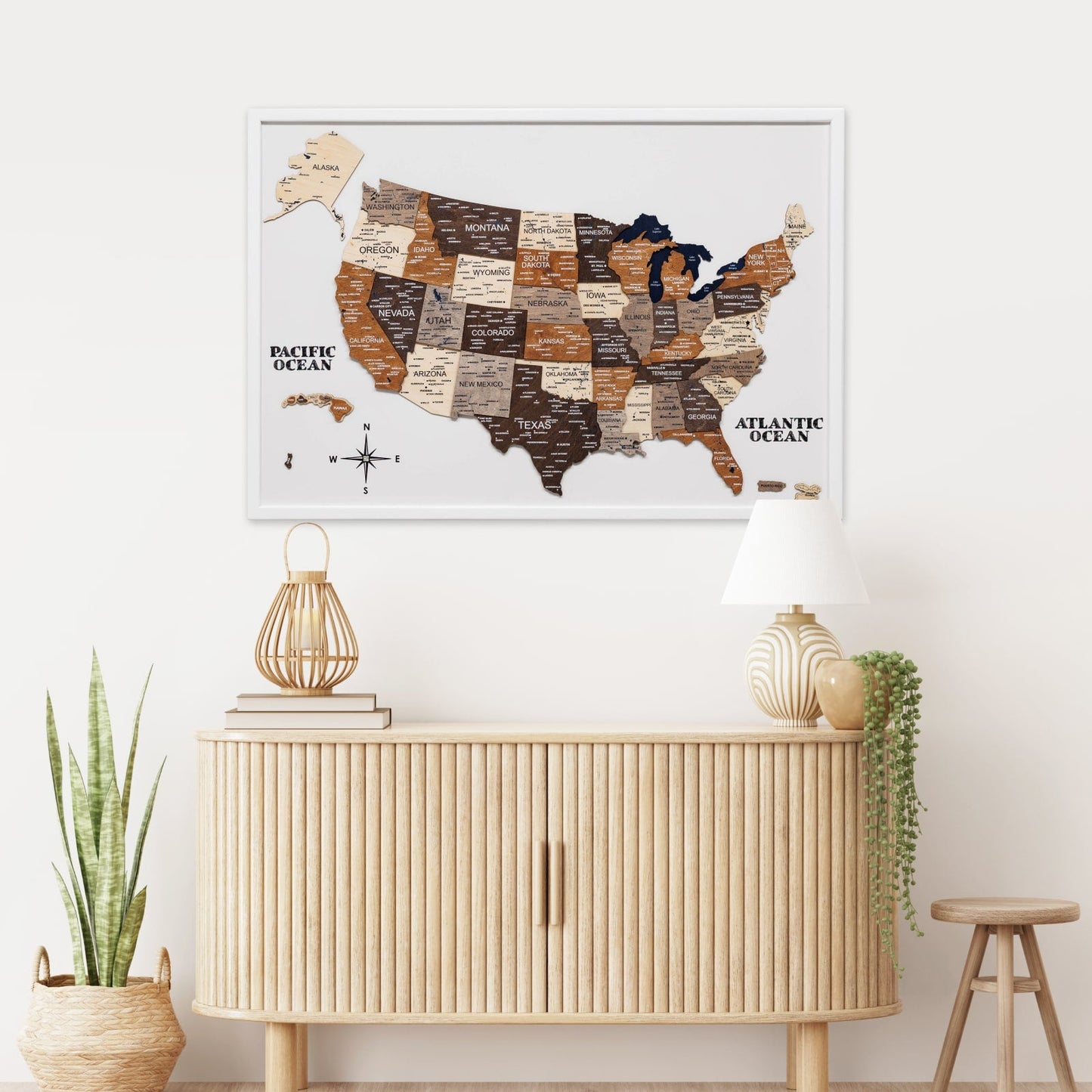 3D Wooden USA Map on Board Multicolor