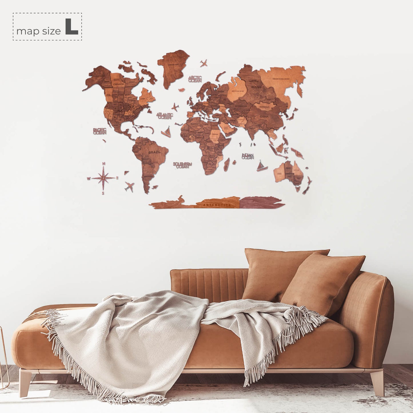3D Wooden World Map Oak (for US only)