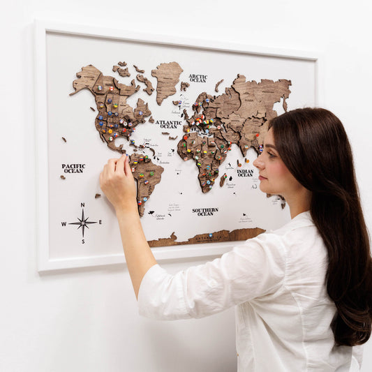 3D Wooden Panel World Map - Dark Walnut