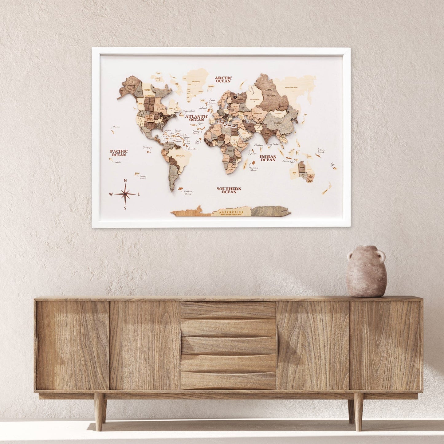 3D Wooden Panel World Map - Smokey