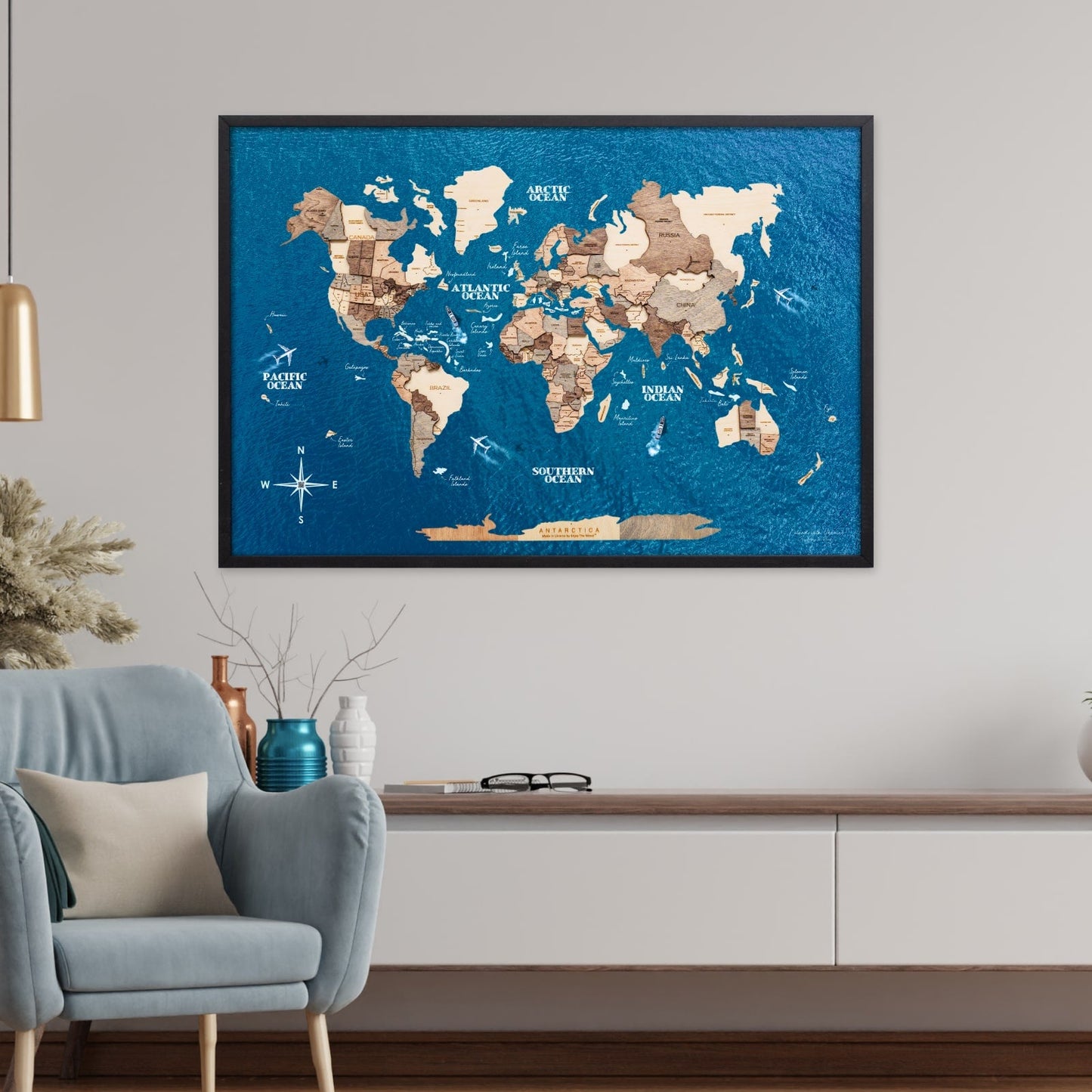 3D Wooden Panel World Map - Smokey