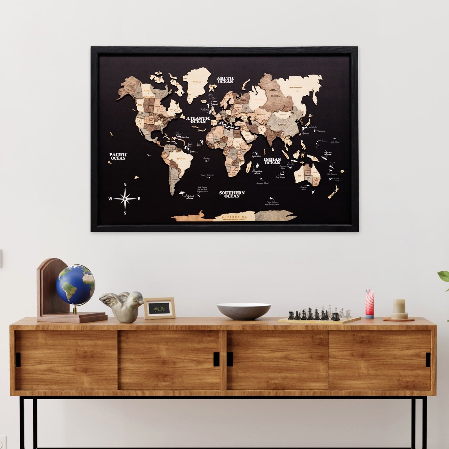 3D Wooden Panel World Map - Smokey