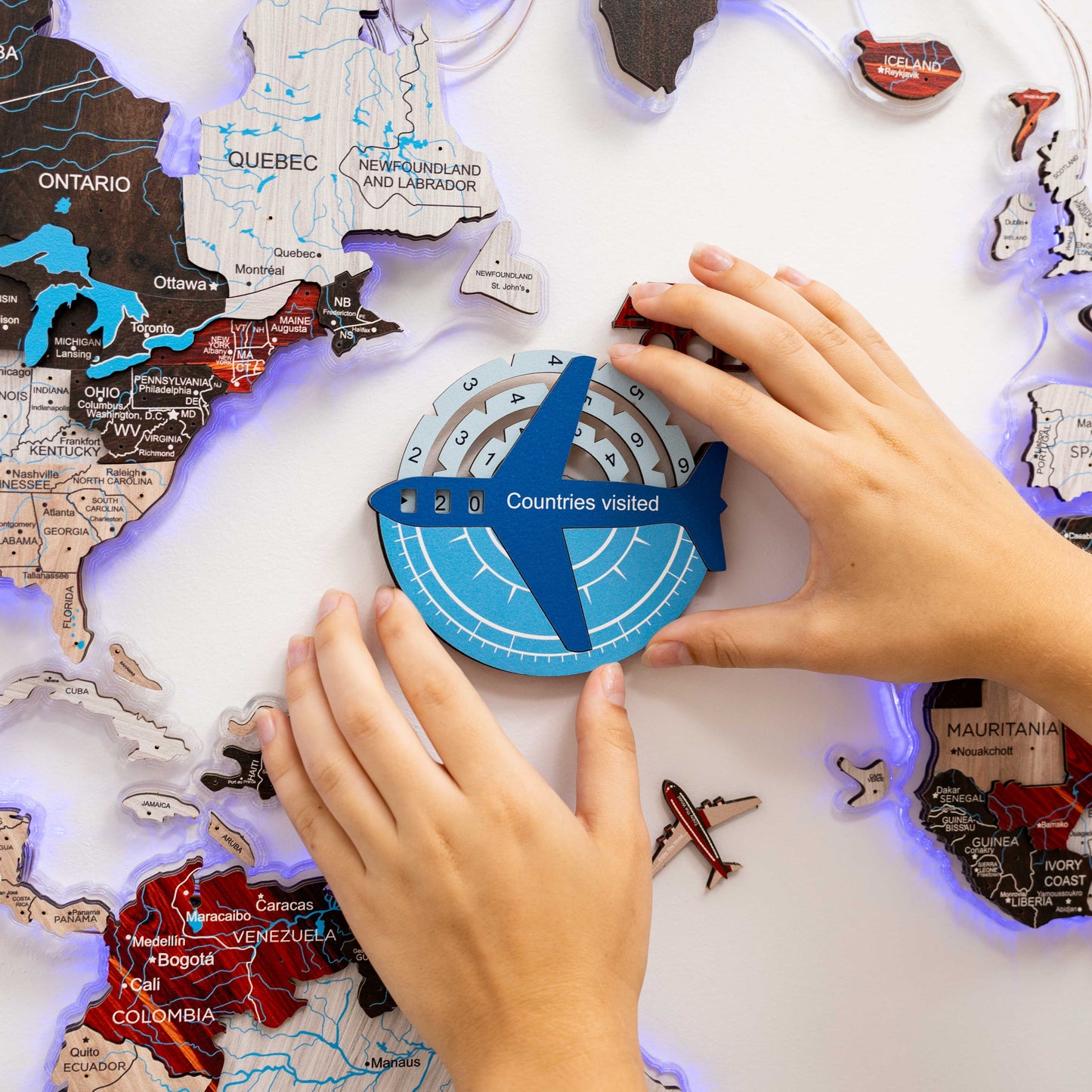 Travel Tracker 3D Colored Wooden World Map - Azure