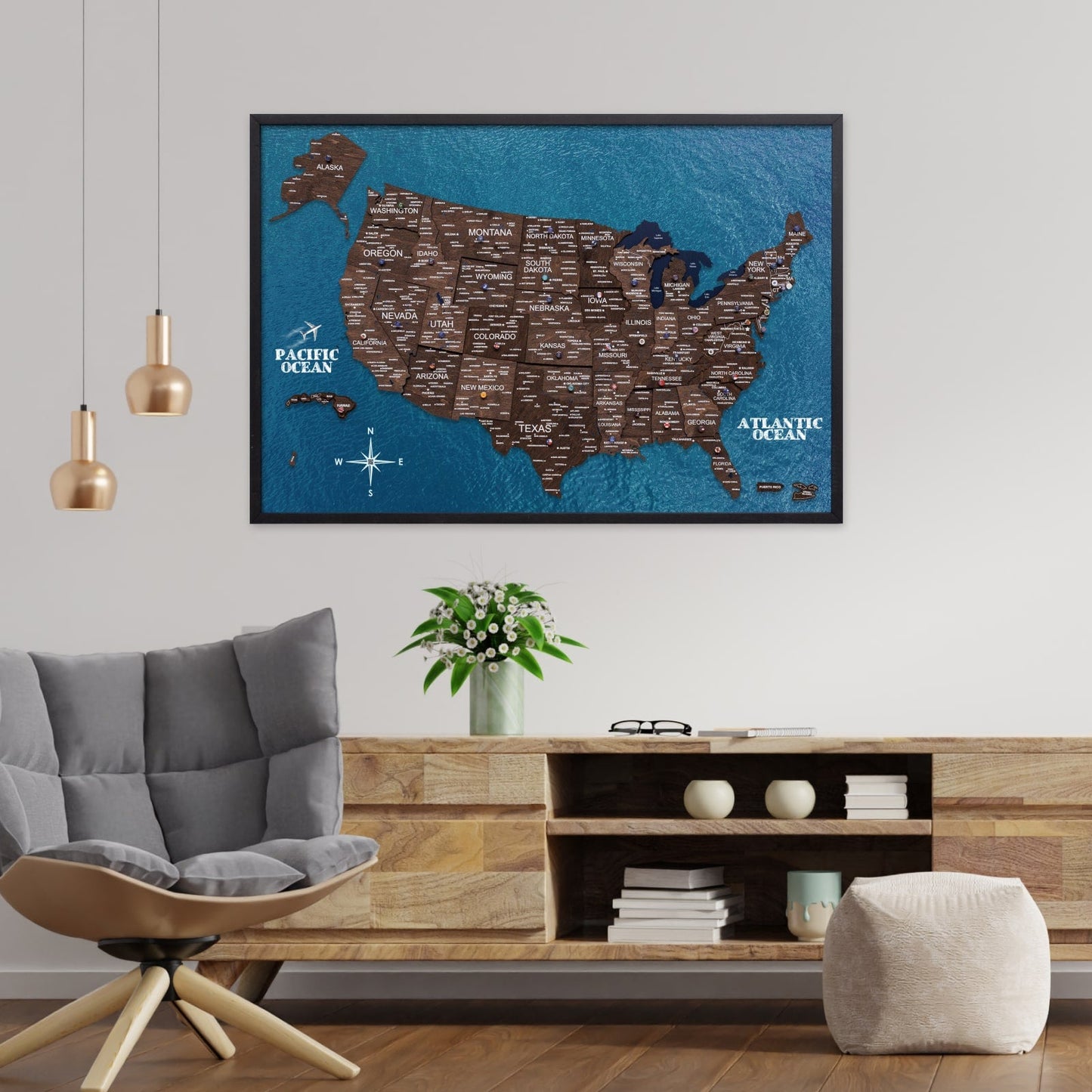 3D Wooden USA Map on Board Dark Walnut