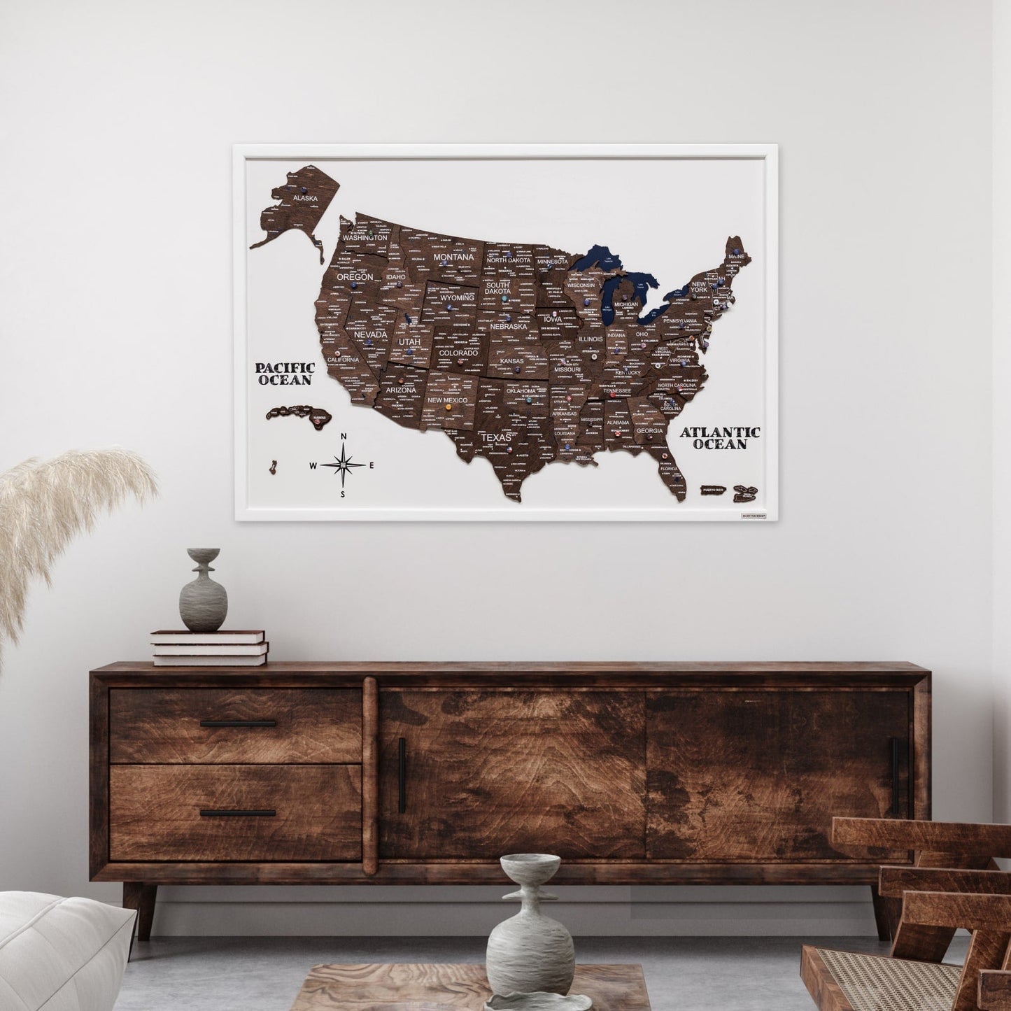 3D Wooden USA Map on Board Dark Walnut