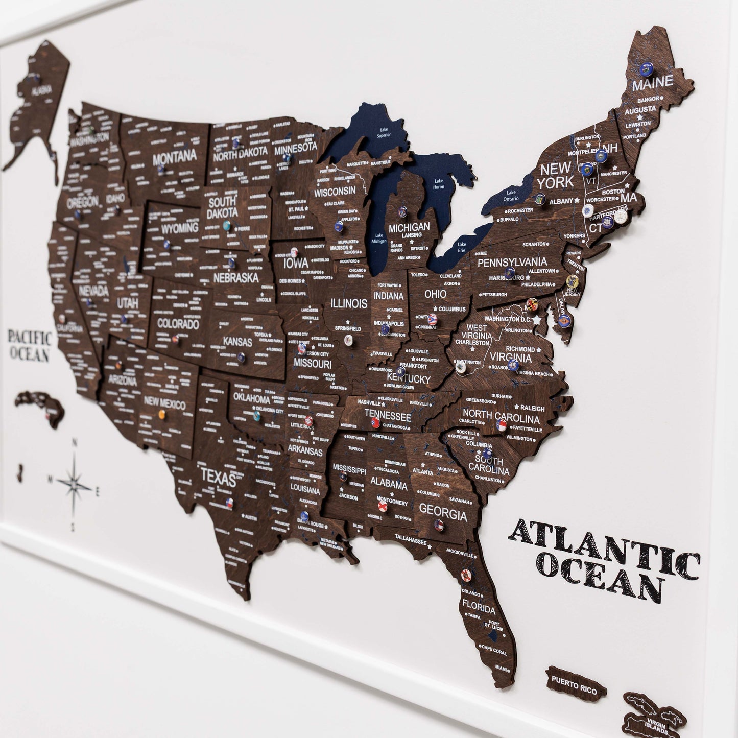 3D Wooden USA Map on Board Dark Walnut