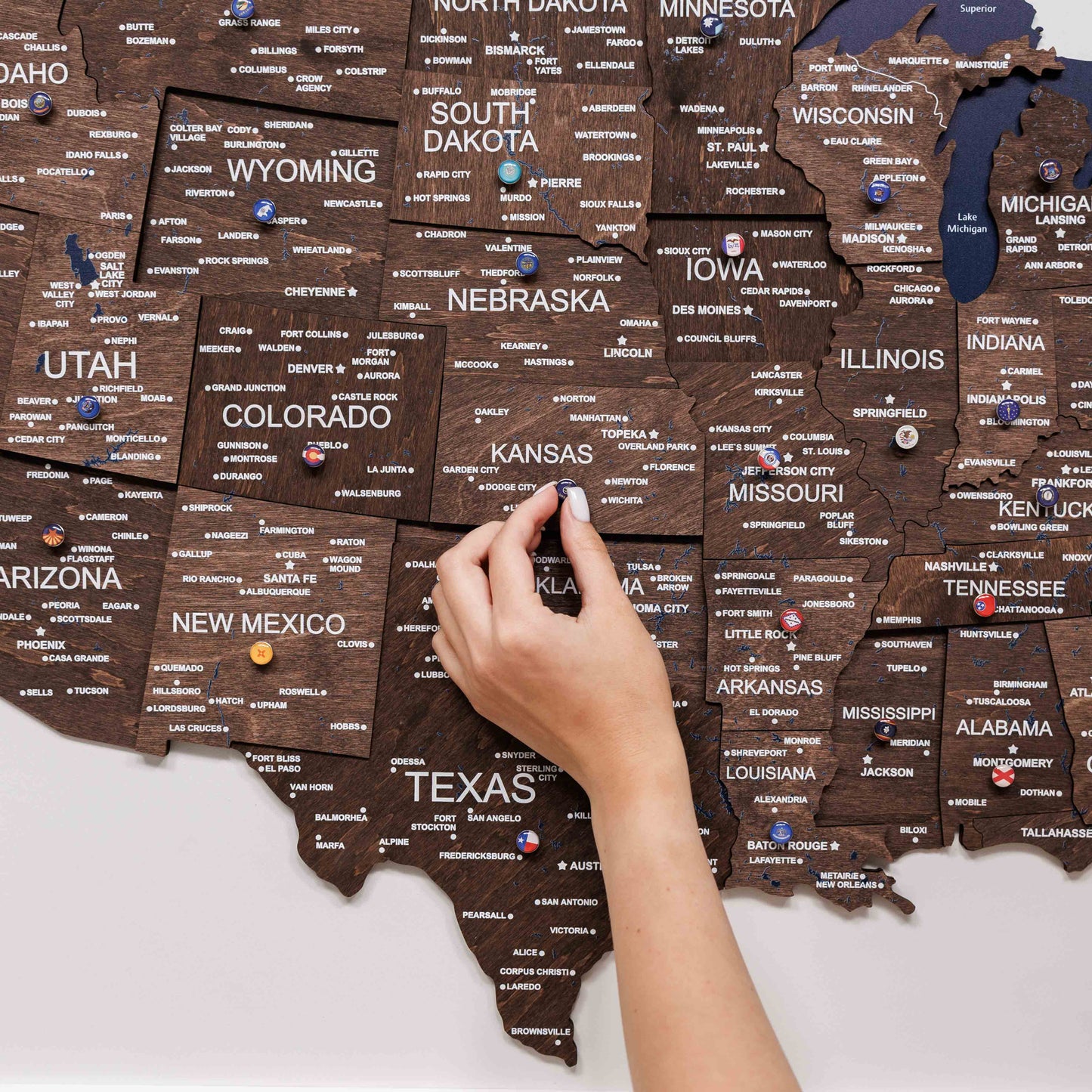 3D Wooden USA Map on Board Dark Walnut