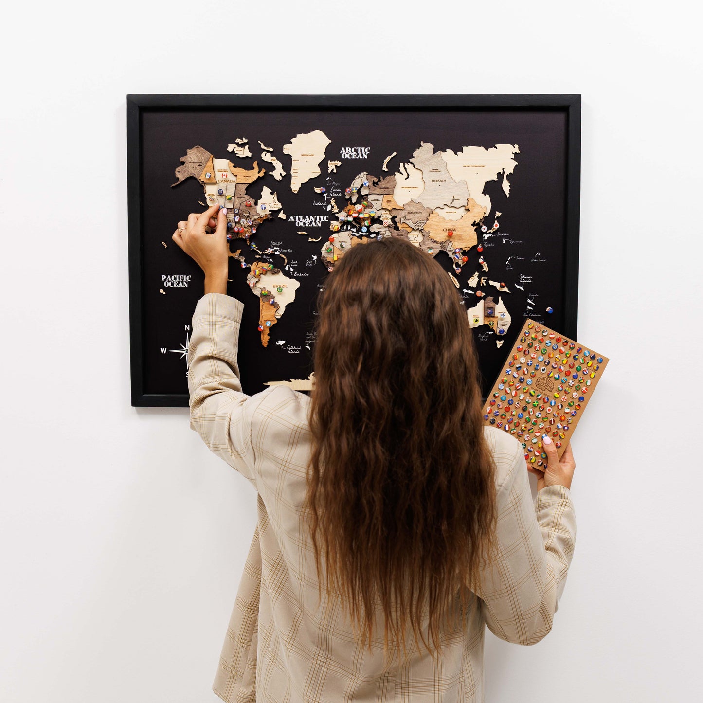 3D Wooden Panel World Map Multicolor