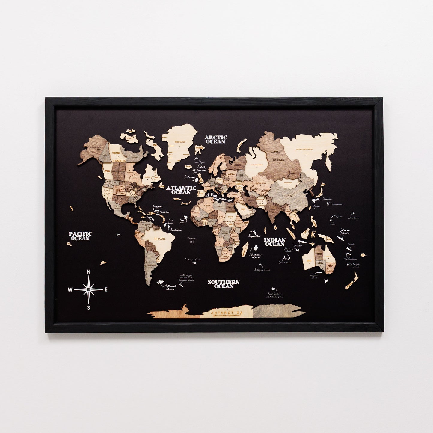 3D Wooden Panel World Map - Smokey