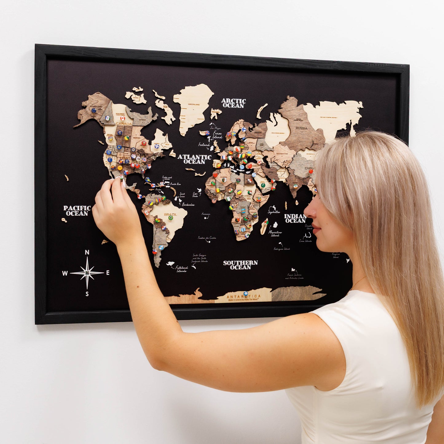 3D Wooden Panel World Map - Smokey
