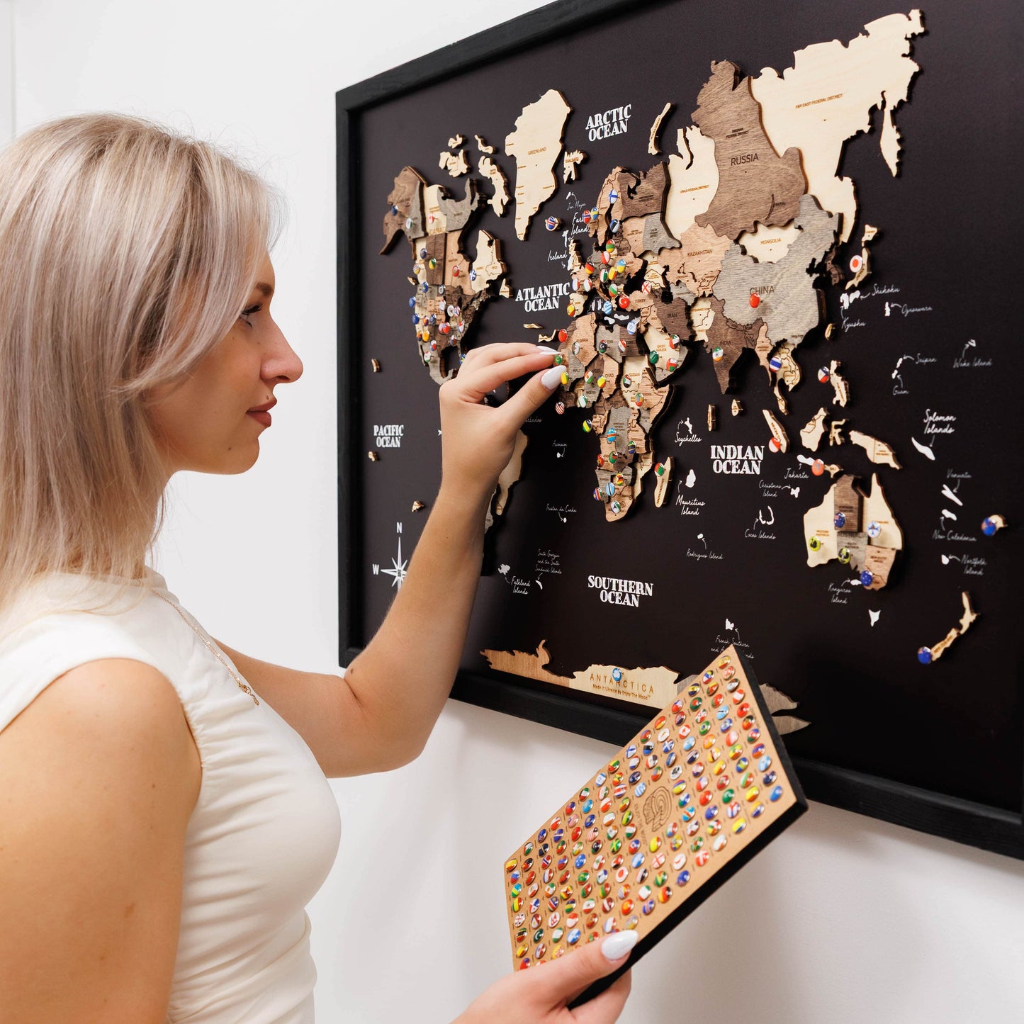 3D Wooden Panel World Map - Smokey