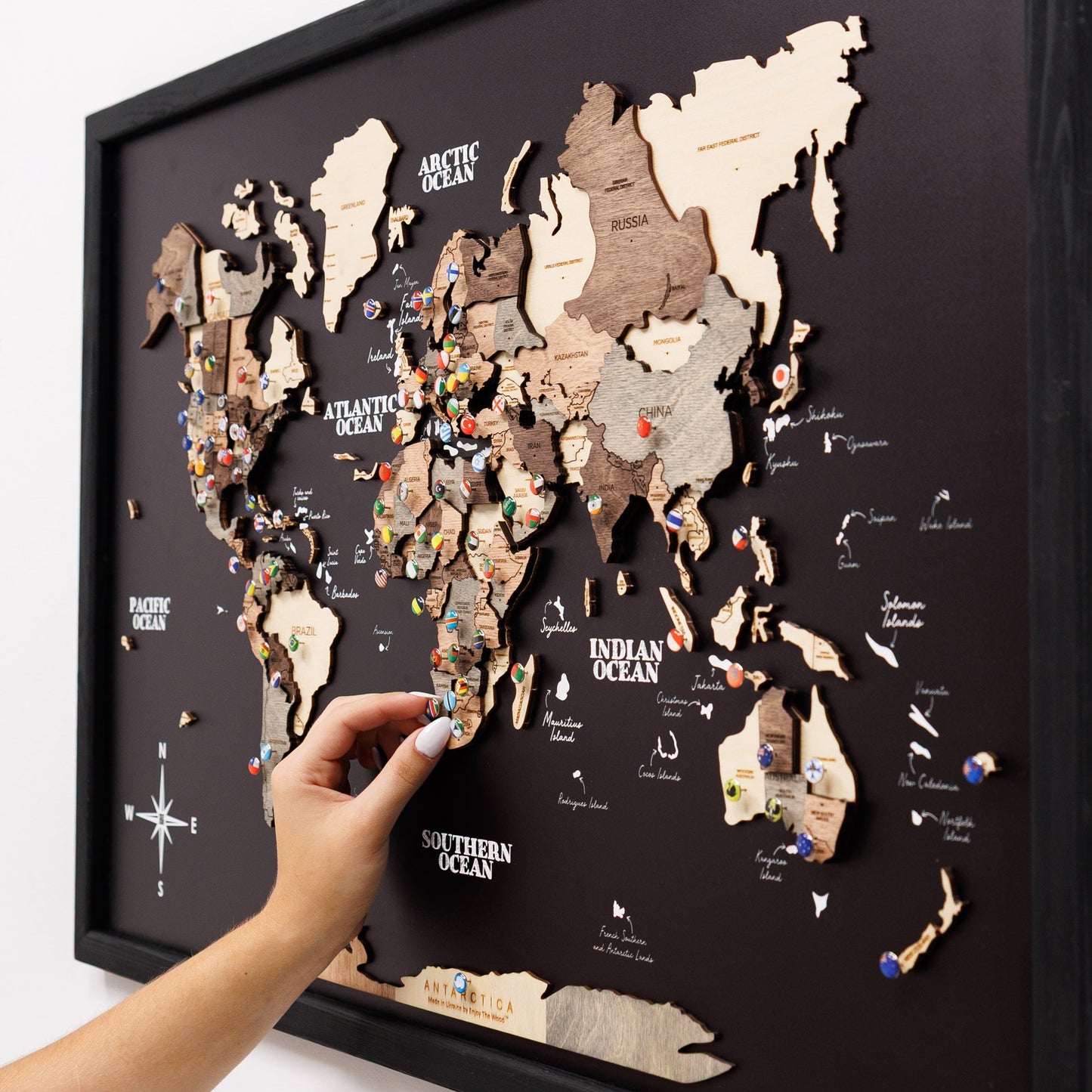 3D Wooden Panel World Map - Smokey